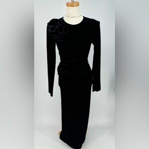 Delfi Collective Floor Length Black Velvet Long Sleeve Dress w Flower Ornament